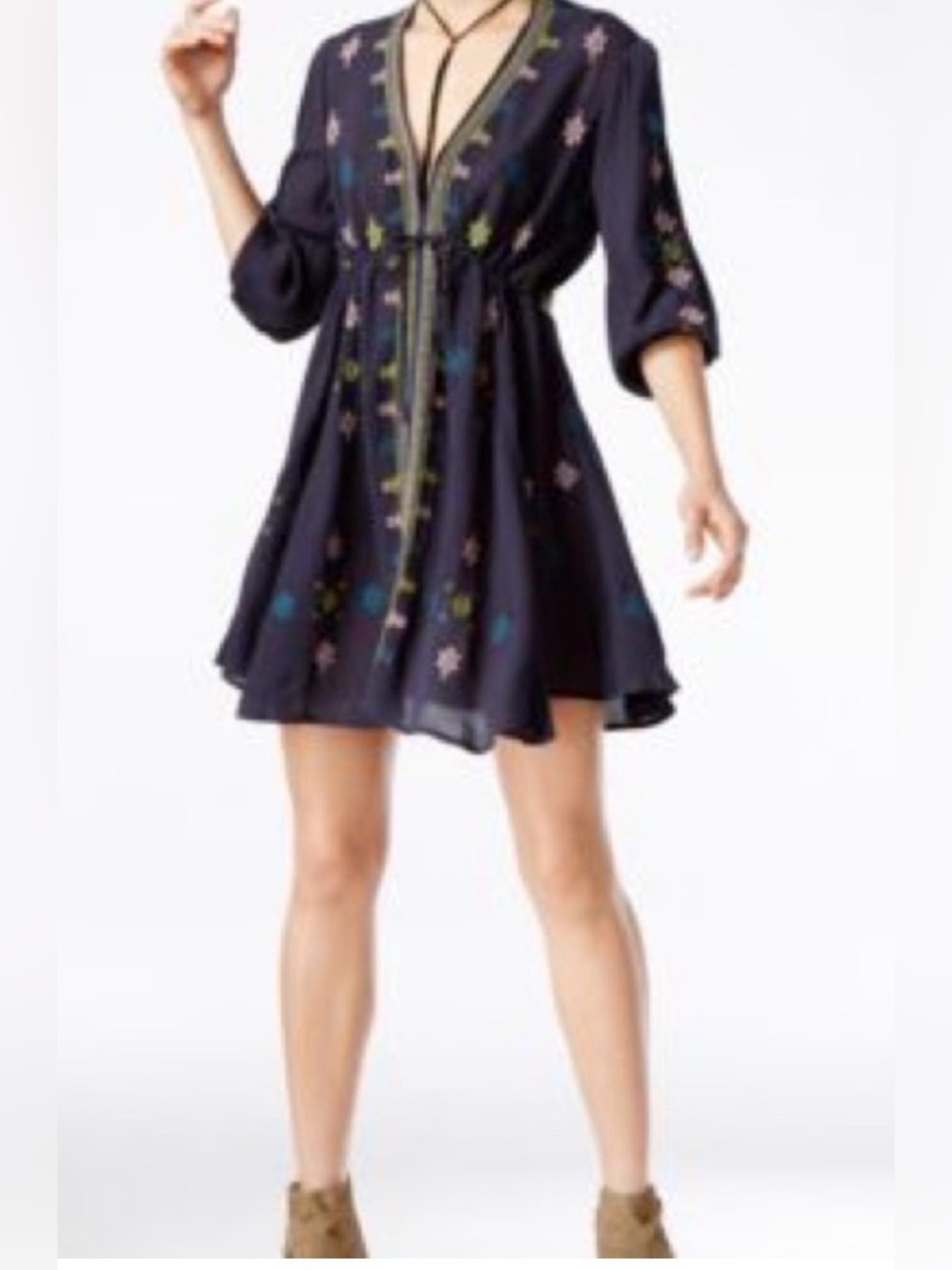 Free People Stargazer Mini Dress Size S Blue Embroidered Boho Tunic Cottagecore - Picture 2 of 11
